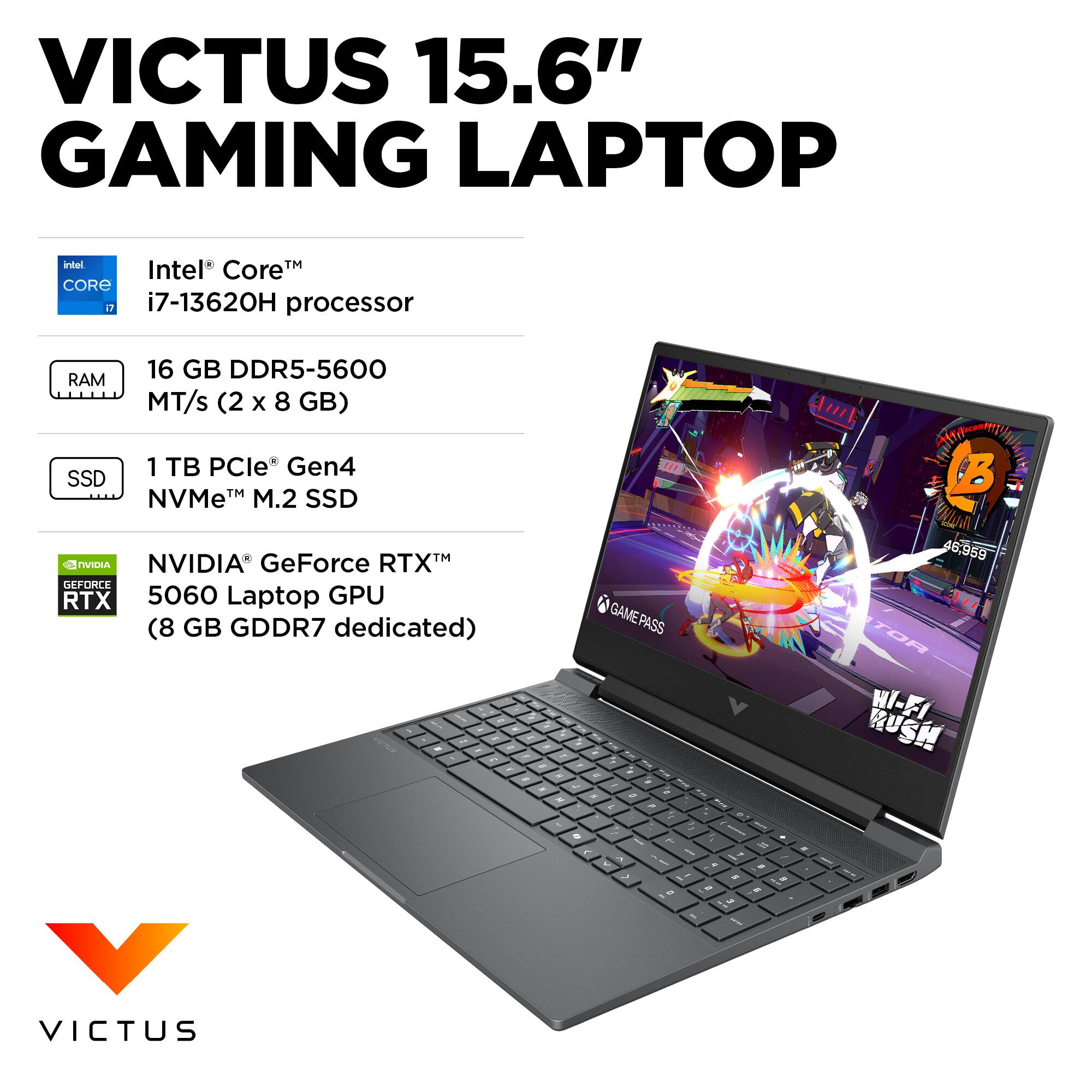 VICTUS 15.6" GAMING LAPTOP intel TM Intel CoreM CORE 12 i7-13620H processor RAM SSD 16 GB DDR5-5600 MT/s (2 x 8 GB) 1 TB PCle Gen4 TM NVMeM M.2 SSD Amk  TIVTRA NVIDIA GeForce  GEFORCE RTX 5060 Laptop GPU (8 GB GDDR7 dedicated) GAMEPASS PASS 46.959 I - - e . - - - HI-FI RUSH - V - - 5 & - : - , - - - a 5 , 1 - d - i -- VICTUS