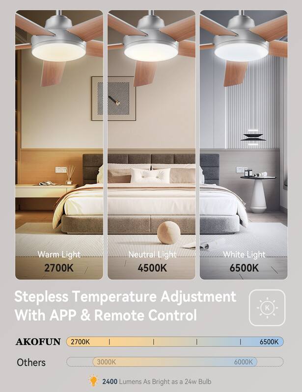 Warm Light 2700K  
Neutral Light 4500K  
White Light 6500K  
Stepless Temperature Adjustment With APP & Remote Control  

AKOFUN 2700K | 6500K  
Others 3000K 6000K  

2400 Lumens As Bright as a 24w Bulb