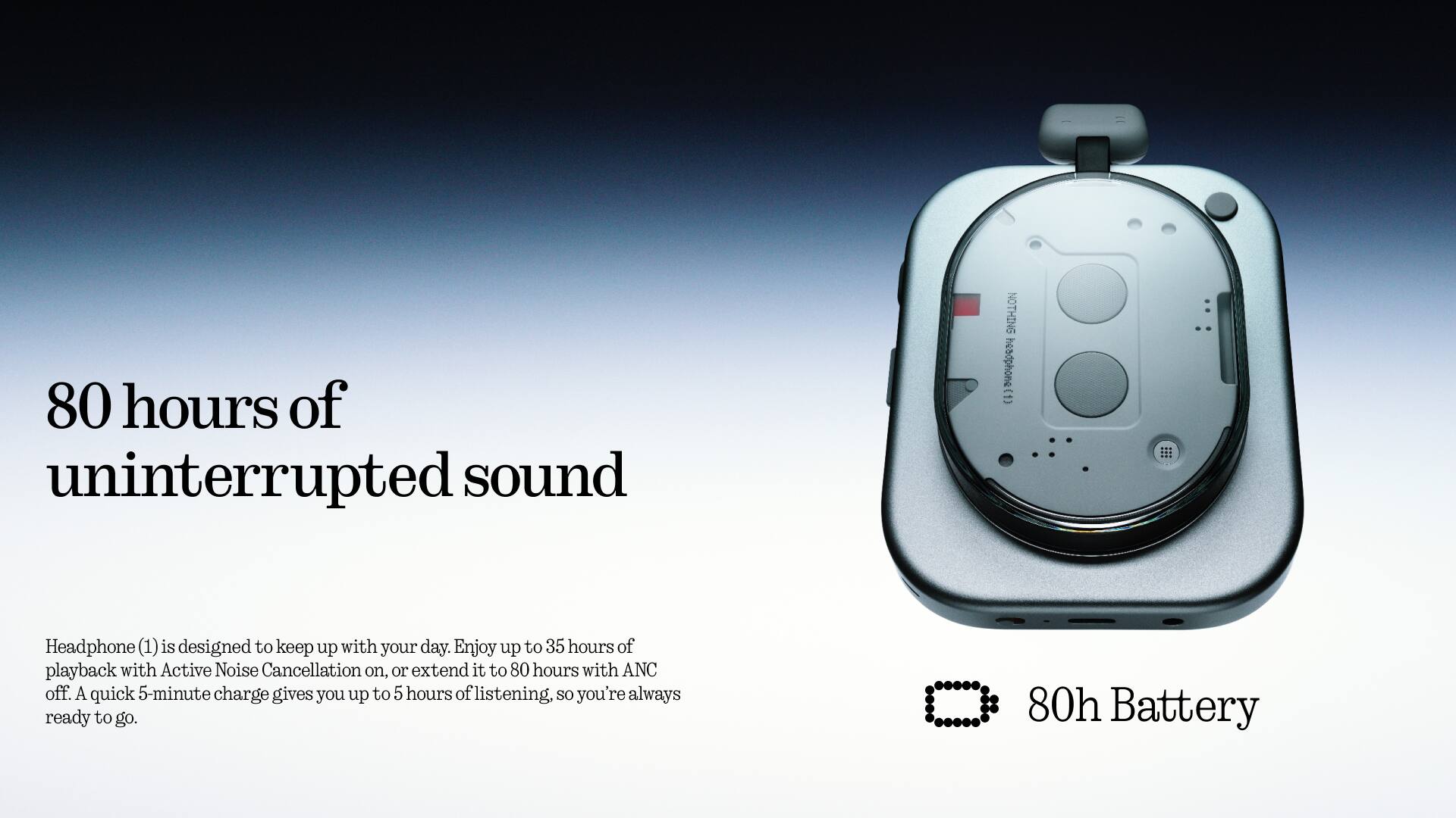 80 hours of uninterrupted sound

Headphone (1) is designed to keep up with your day. Enjoy up to 35 hours of playback with Active Noise Cancellation on, or extend it to 80 hours with ANC off. A quick 5-minute charge gives you up to 5 hours of listening, so you're always ready to go.

80h Battery