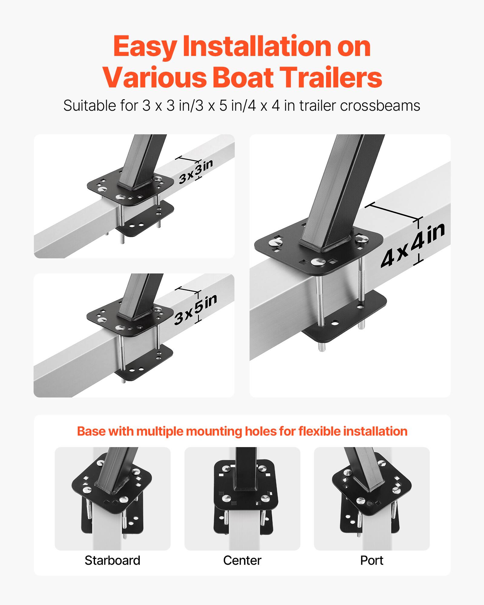 Easy Installation on Various Boat Trailers

Suitable for 3 x 3 in/3 x 5 in/4 x 4 in trailer crossbeams

Base with multiple mounting holes for flexible installation

Starboard Center Port