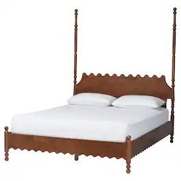 Baxton Studio - Hoffman Platform Bed - Farmhouse Bed Frame with Scalloped Design and Turned Posts, Queen - Walnut Brown