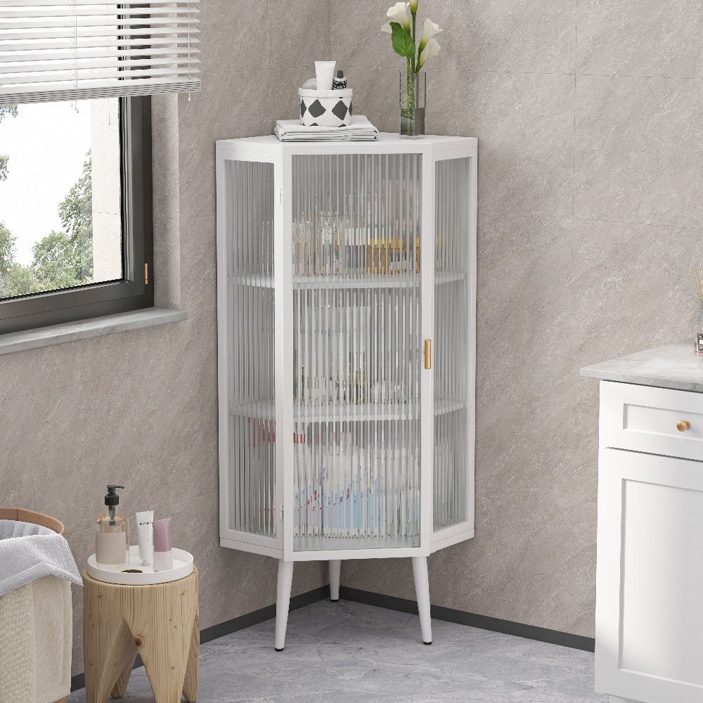 Loheer - Floor Corner Cabinet, Freestanding Metal Storage with Tempered Glass Doors for Bathroom - White price history on PriceWatchPro
