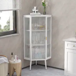 Loheer - Floor Corner Cabinet, Freestanding Metal Storage with Tempered Glass Doors for Bathroom - White