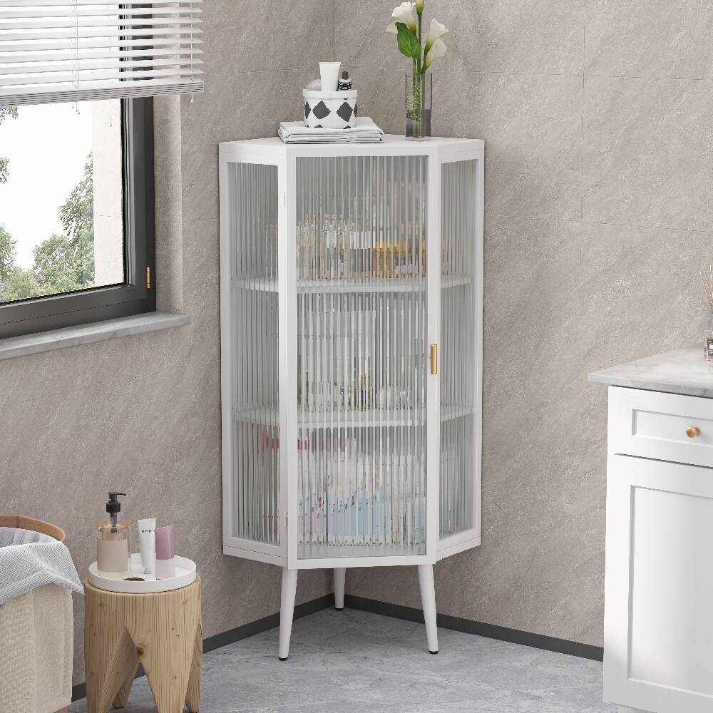 Front. Loheer - Loheer White Floor Corner Cabinet, Freestanding Metal Storage with Tempered Glass Doors for Bathroom - White.
