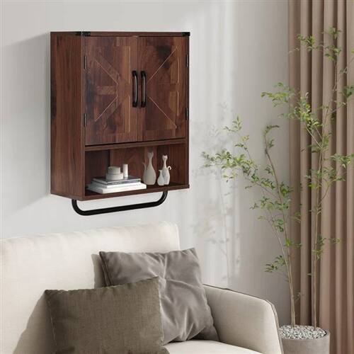 Back. SlickBlue - Bathroom Wall Cabinet Farmhouse Style with Towel Bar, Wood Finish - Brown.