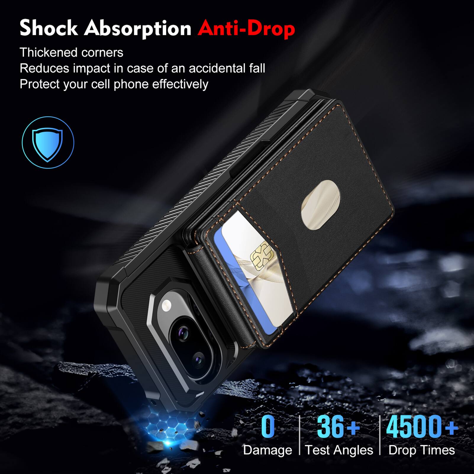 Shock Absorption Anti-Drop  
Thickened corners  
Reduces impact in case of an accidental fall  
Protect your cell phone effectively  

0 Damage  
36+ Test Angles  
4500+ Drop Times