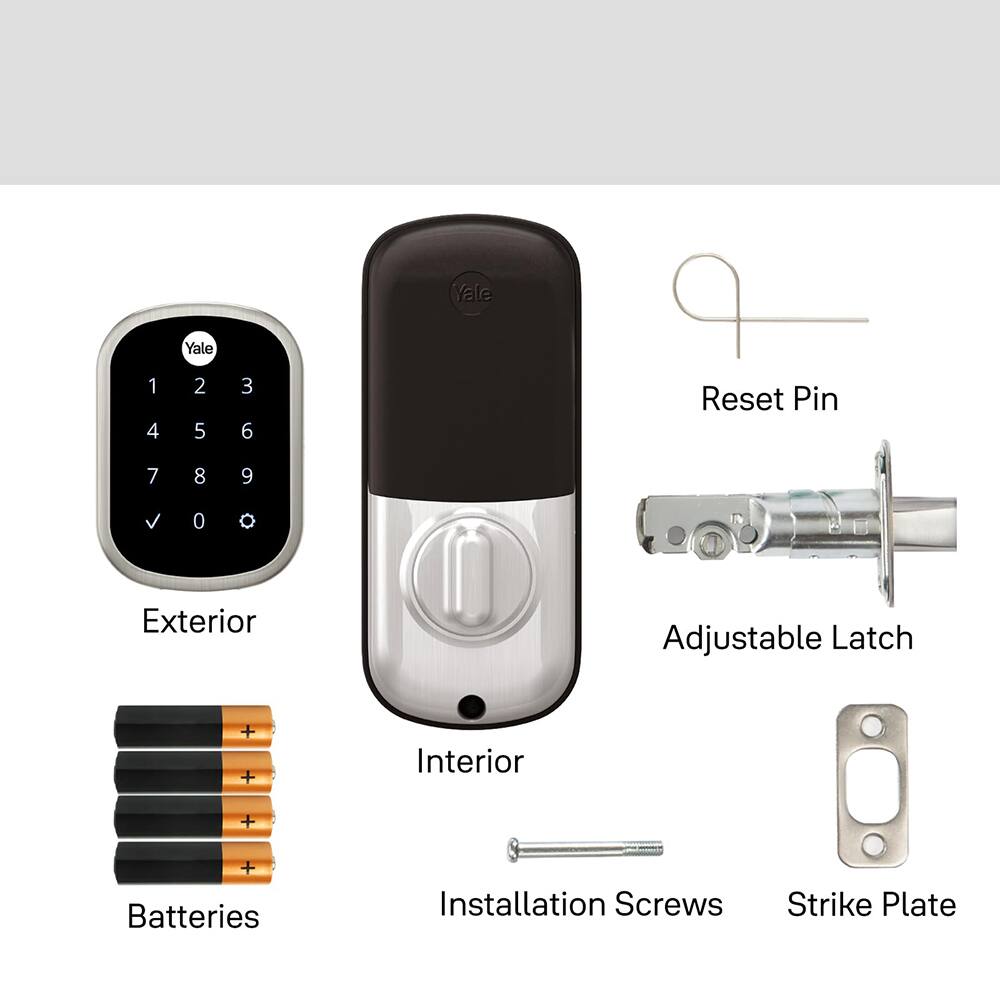 Yale Yale 1 2 3 4 5 6 7 8 9 0 Reset Pin Exterior Adjustable Latch Interior Batteries Installation Screws Strike Plate