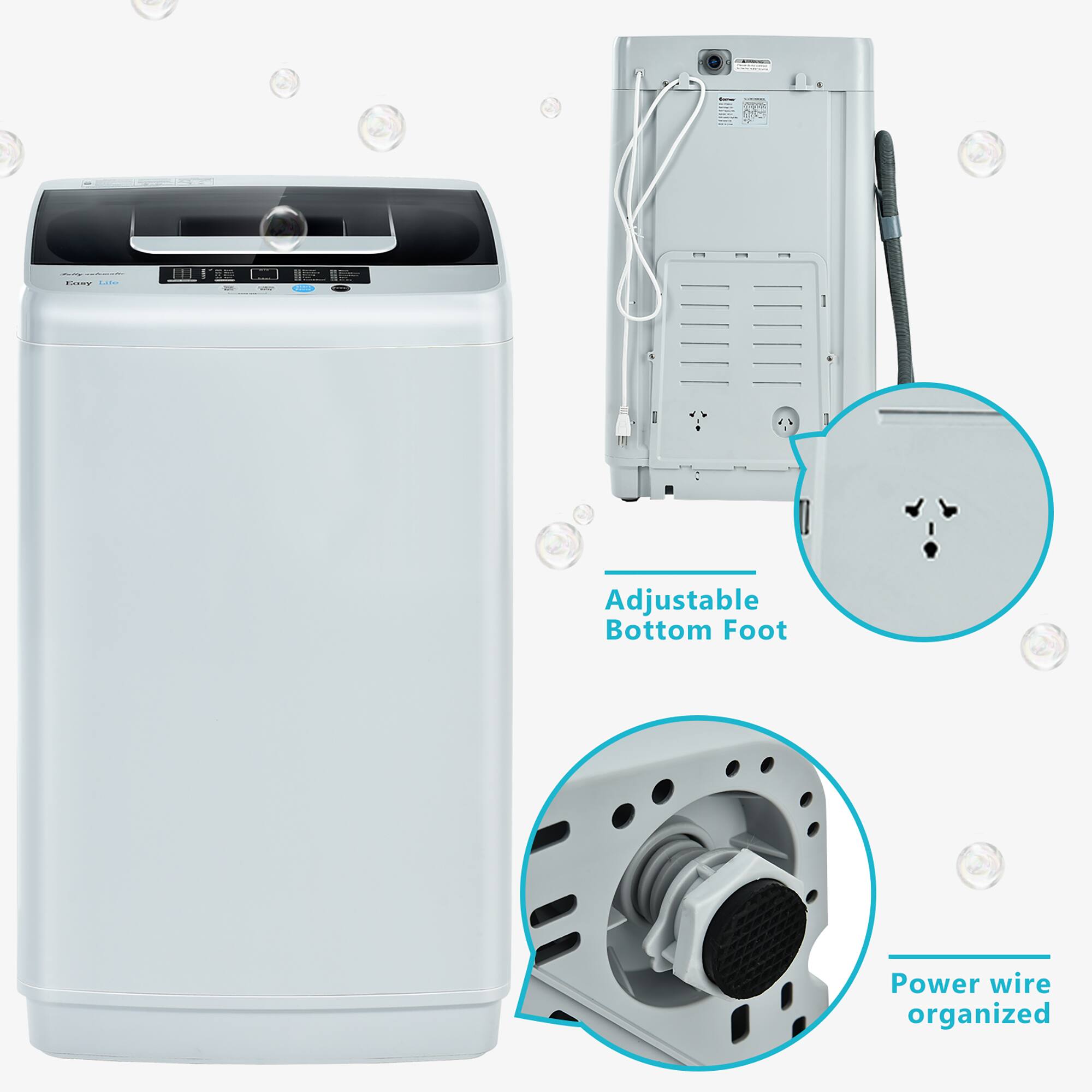 The image features a white appliance, possibly a washing machine or dryer, with a power wire organized. The appliance is accompanied by a box and a power cord. The appliance is designed to be adjustable and has a bottom foot, which may be used for stability or customization. The image also includes a close-up view of the appliance, showcasing its features and design.