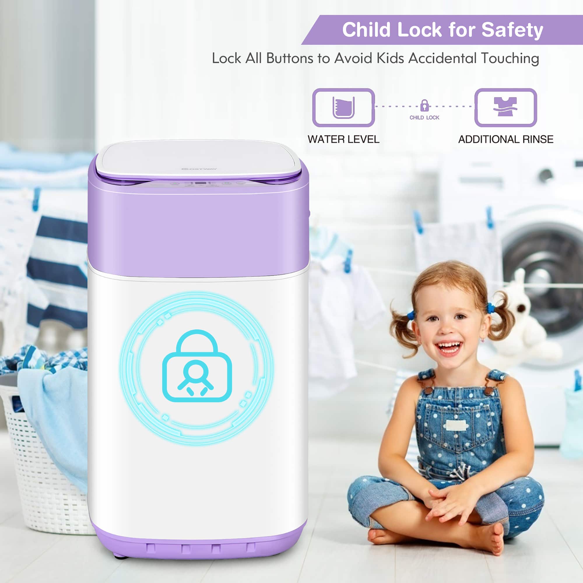 Child Lock for Safety: Lock All Buttons to Avoid Kids Accidental Touching. Child Lock Water Level: Additional Rinse.