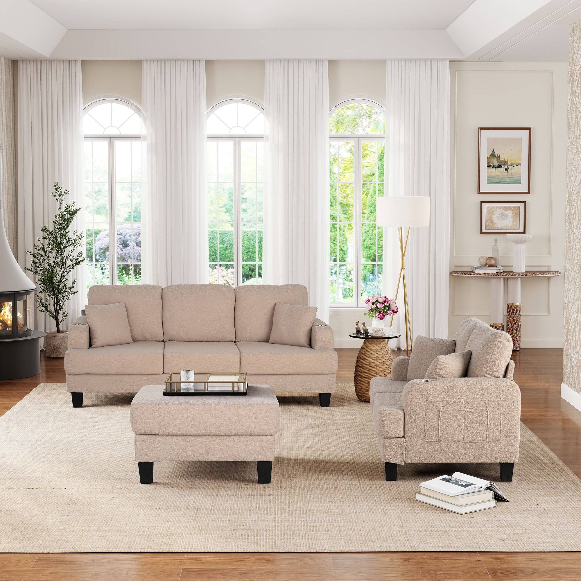 Alt View 1. Boyel Living - 84.64 in. Wide Straight Arm 3-Seat Fabric Sectional Sofa with Ottoman, USB Port and Cup Holder - Beige.