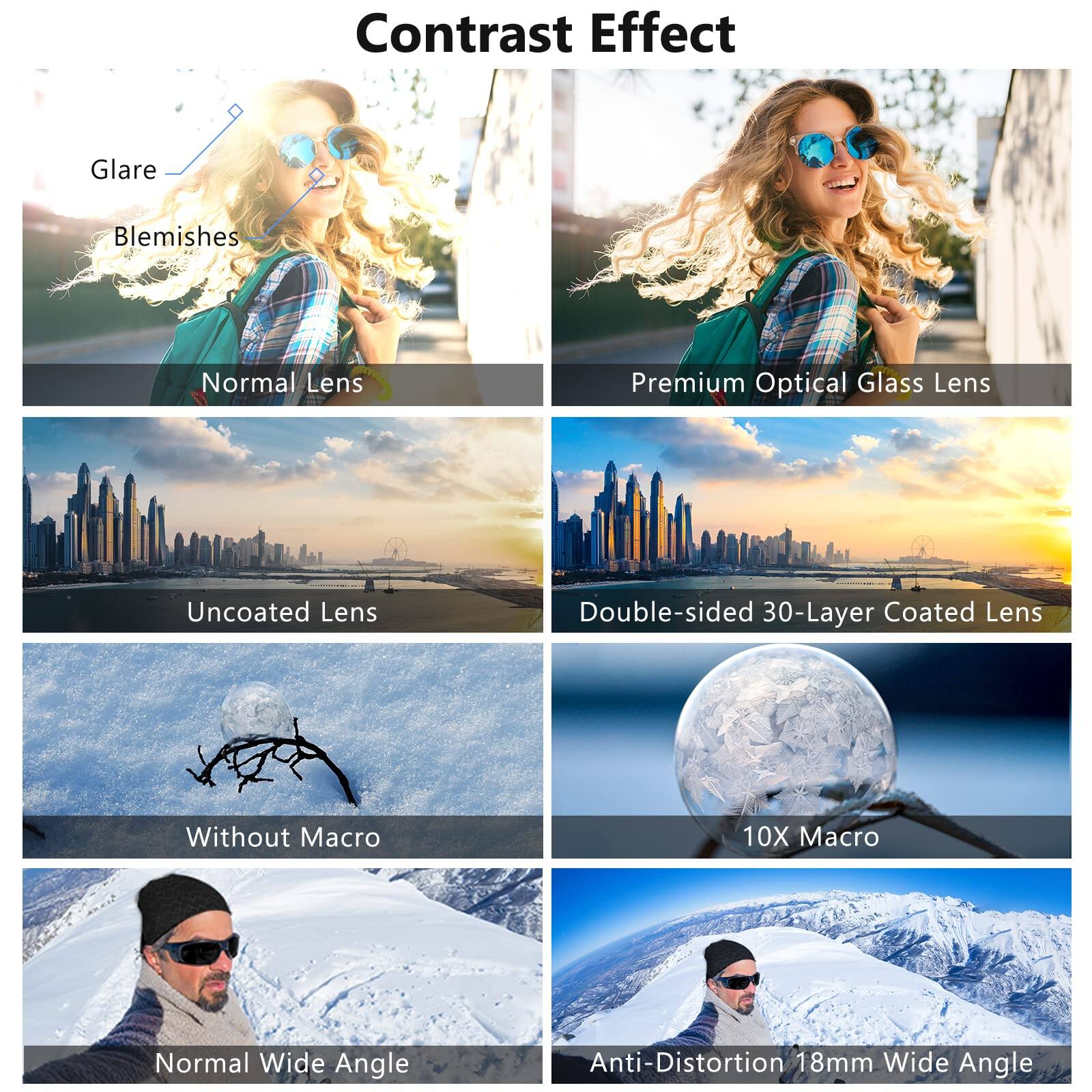 Contrast Effect

- Glare
- Blemishes
- Normal Lens
- Premium Optical Glass Lens
- Uncoated Lens
- Double-sided 30-Layer Coated Lens
- Without Macro
- 10X Macro
- Normal Wide Angle
- Anti-Distortion 18mm Wide Angle