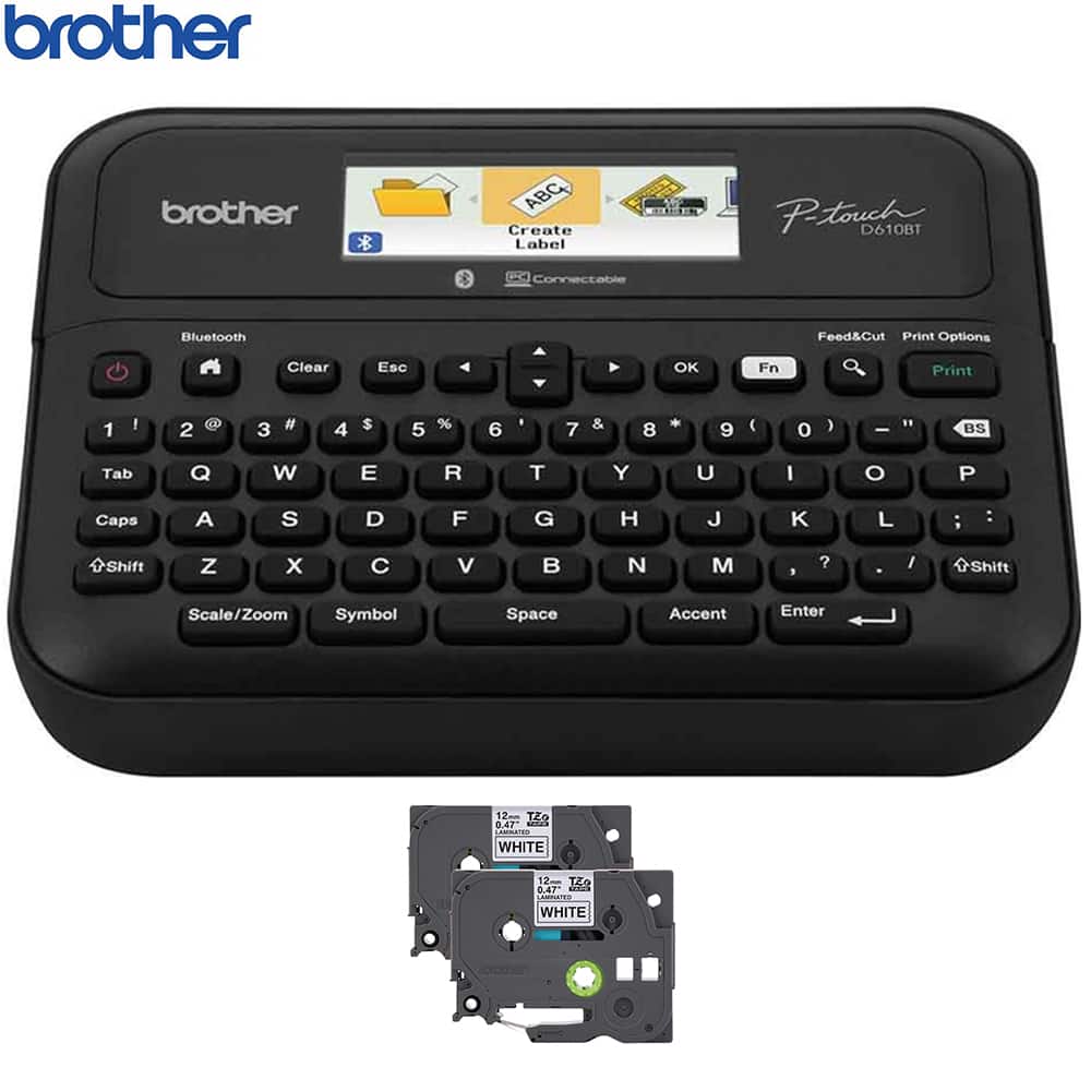 Brother - P-touch PT-D610BT Business Professional Connected Label Maker + TZE2312PKG White Laminated Label Tape Bundle - Black