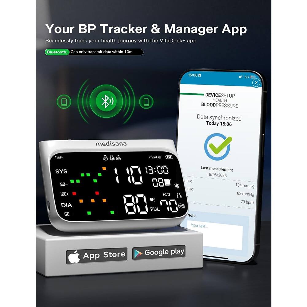 Your BP Tracker & Manager App  
Seamlessly track your health journey with the VitaDock+ app  

Bluetooth: Can only transmit data within 10m  

DEVICE SETUP  
HEALTH  
BLOOD PRESSURE  
Data synchronized Today 15:06  

Last measurement  
18/06/2025  
134 mmHg  
83 mmHg  
73 bpm  

Note  
Your text...  

App Store  
Google play