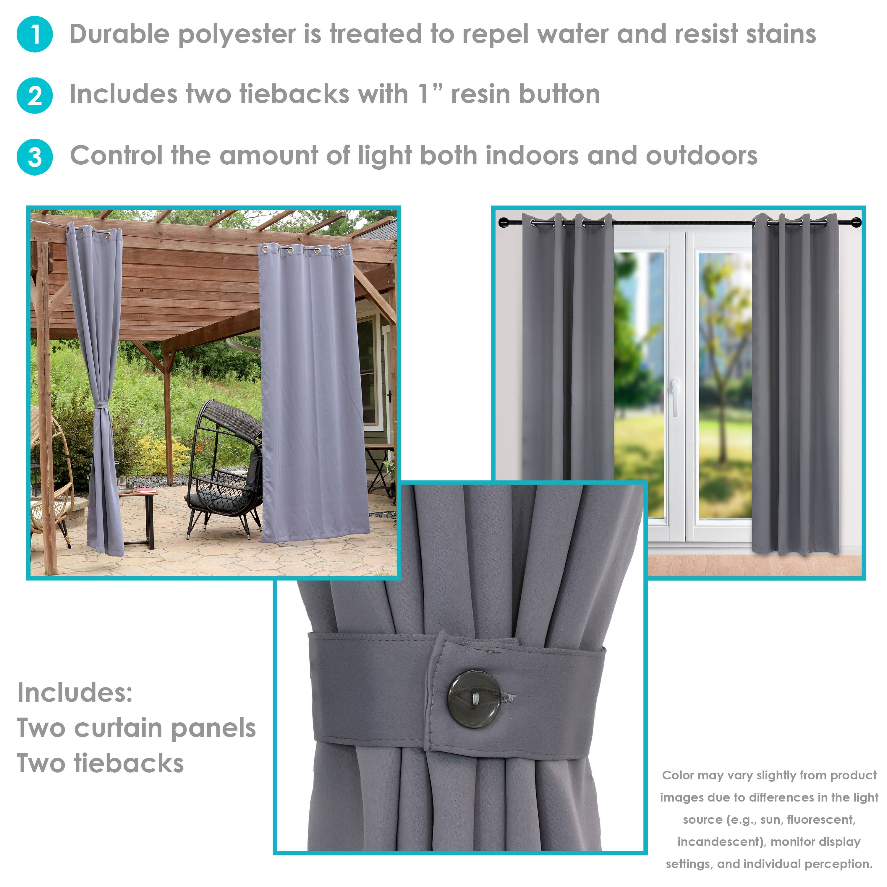 1. Durable polyester is treated to repel water and resist stains.
2. Includes two tiebacks with 1" resin button.
3. Control the amount of light both indoors and outdoors.

Includes:
- Two curtain panels
- Two tiebacks

Color may vary slightly from product images due to differences in the light source (e.g., sun, fluorescent, incandescent), monitor display settings, and individual perception.