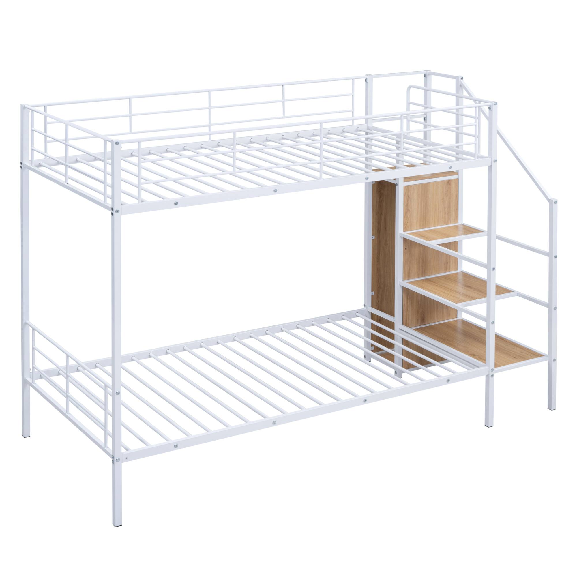 Alt View 4. GOODSILO - Contemporary Twin Over Twin Metal Bunk Bed with Integrated Storage Ladder and Wardrobe - White.