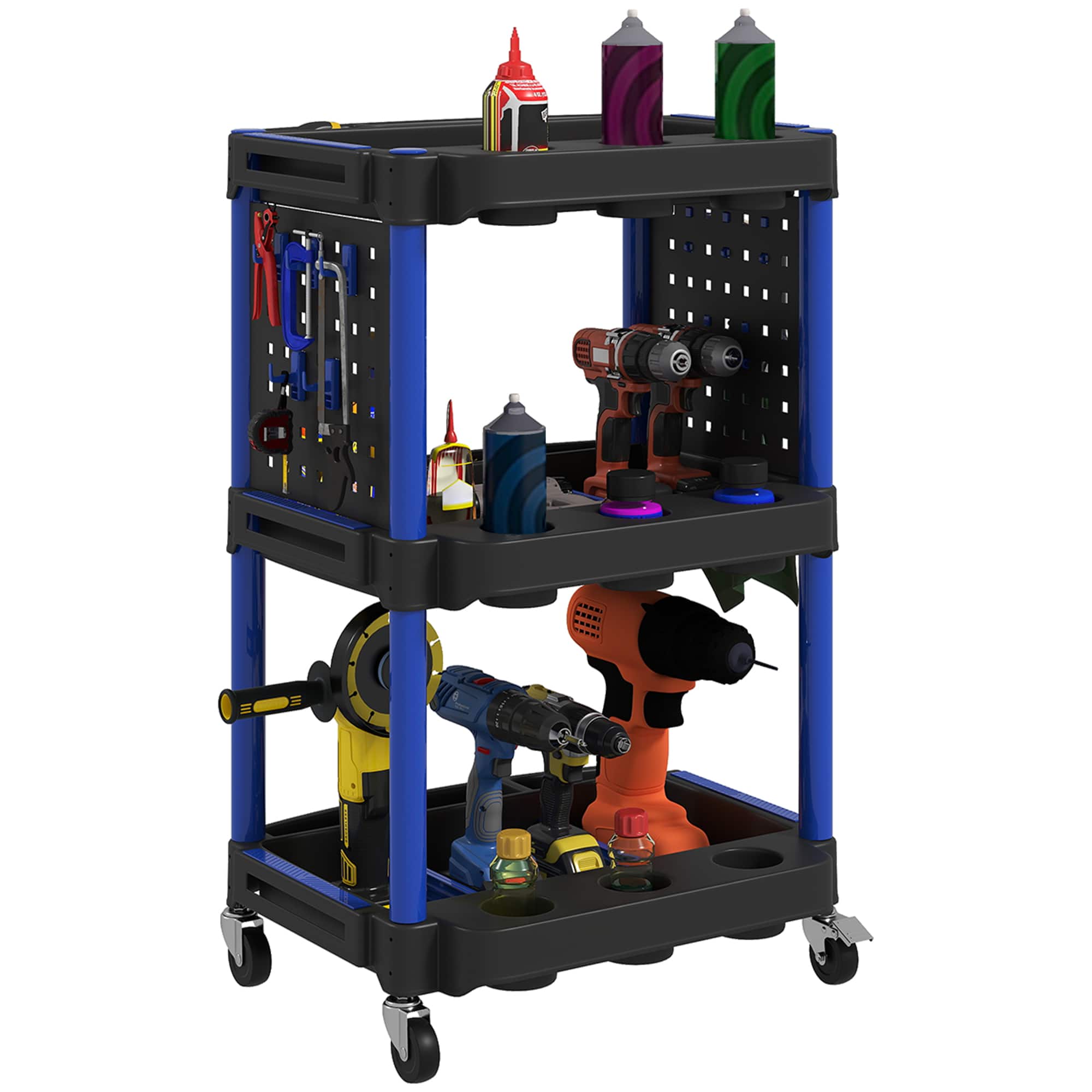 Homcom - 3-Tier Rolling Tool Cart with Wheels, 200 LBS Capacity Plastic Utility Cart with Side Shelves - Black and Dark Blue price history on PriceWatchPro