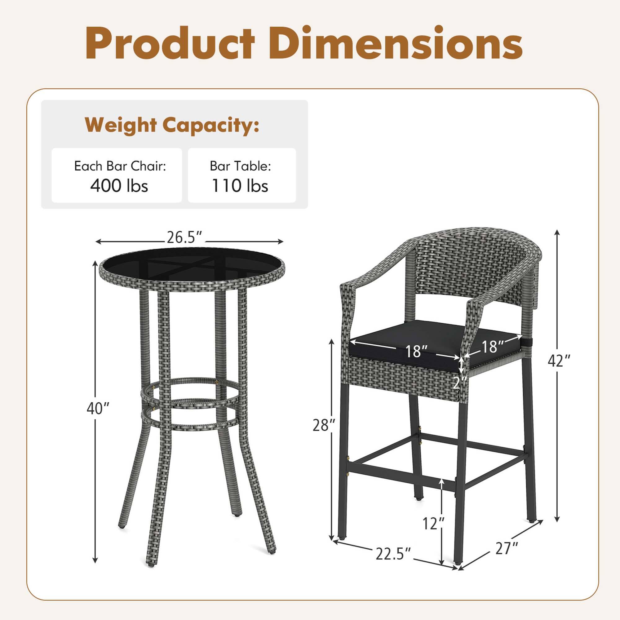 Product Dimensions

Weight Capacity:
Each Bar Chair: 400 lbs
Bar Table: 110 lbs

- Bar Table:
  - Diameter: 26.5"
  - Height: 40"
  - Seat Height: 28"

- Bar Chair:
  - Seat Width: 18"
  - Seat Depth: 18"
  - Height: 42"
  - Seat Height: 22.5"
  - Back Height: 27"
  - Base Width: 12"