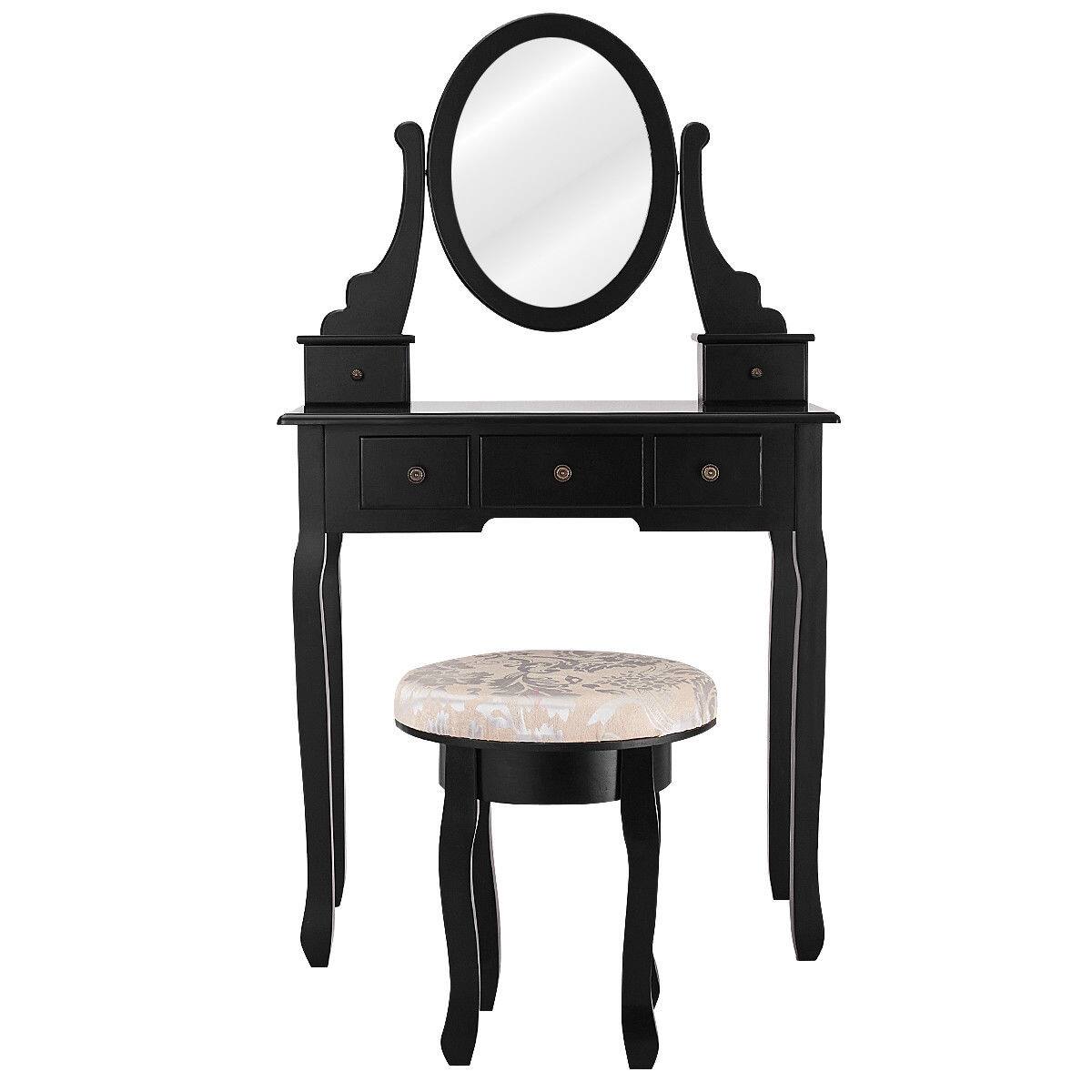 Alt View 7. Gymax - Gymax Black Makeup Table Vanity Table Set Cushioned Stool Mirror 5 Drawers - Black.