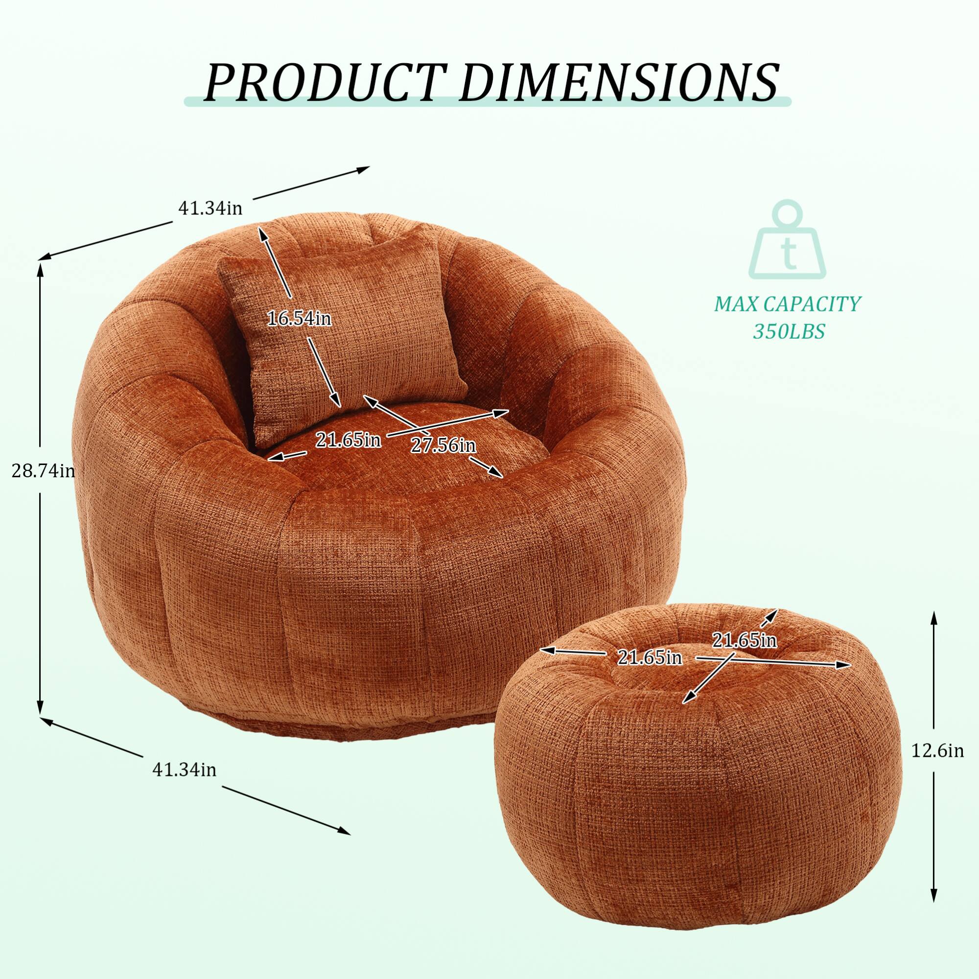 PRODUCT DIMENSIONS  
- Height: 41.34in  
- Width: 28.74in  
- Depth: 27.56in  
- Seat Height: 16.54in  
- Seat Depth: 21.65in  
- Seat Width: 21.65in  
- Footrest Height: 12.6in  
- Footrest Width: 21.65in  

MAX CAPACITY: 350LBS
