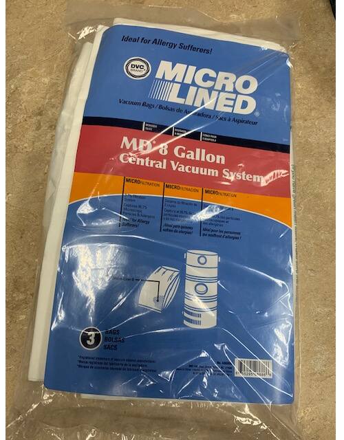 Ideal for Allergy Sufferers!  
DVC BRAND MICRO LINED  
Vacuum Bags / Bolsas de Aspiradora / Sacs à Aspirateur  

MB 8 Central Vacuum System  
MICROFILTRATION  

3 BAGS / BOLSAS / SACS  

- Captures 99.9% of particles & allergens  
- Ideal for allergy sufferers!  

- Captura 99.9% de partículas y alérgenos  
- Ideal para personas con alergias!  

- Captura 99.9% des particules et allergenes  
- Idéal pour les personnes souffrant d'allergies!  

3 BAGS / BOLSAS / SACS