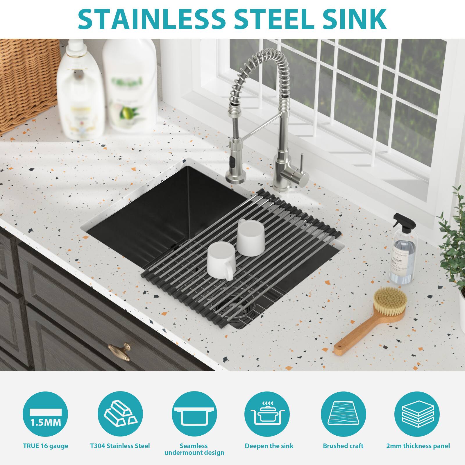 STAINLESS STEEL SINK

1.5MM TRUE 16 gauge  
T304 Stainless Steel  
Seamless undermount design  
Deepen the sink  
Brushed craft  
2mm thickness panel