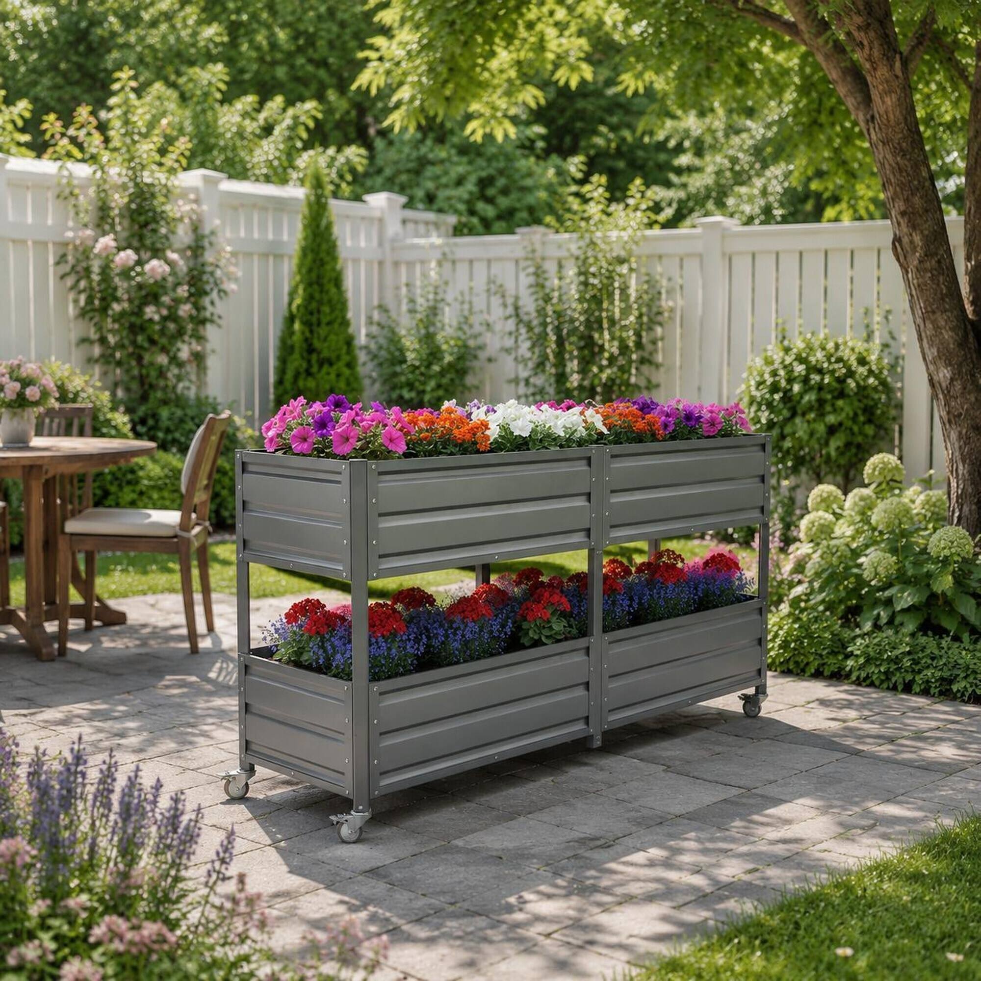 Back. RYHNUYNE - Grey Elevated Two Tier Metal Raised Garden Bed with Lockable Wheels for Patio Backyard Vegetable Herb and Flower - Grey.