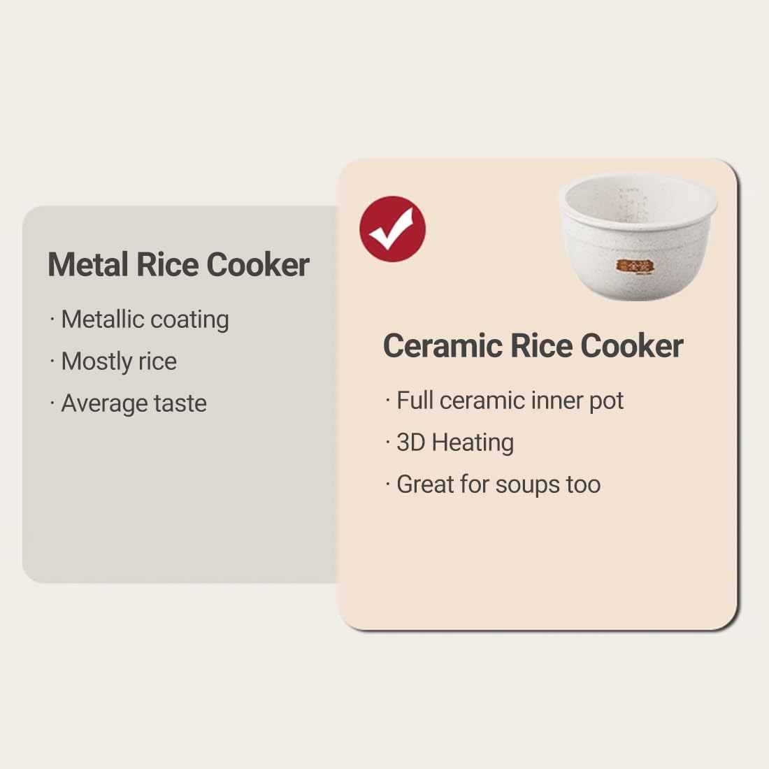 Metal Rice Cooker
- Metallic coating
- Mostly rice
- Average taste

Ceramic Rice Cooker
- Full ceramic inner pot
- 3D Heating
- Great for soups too