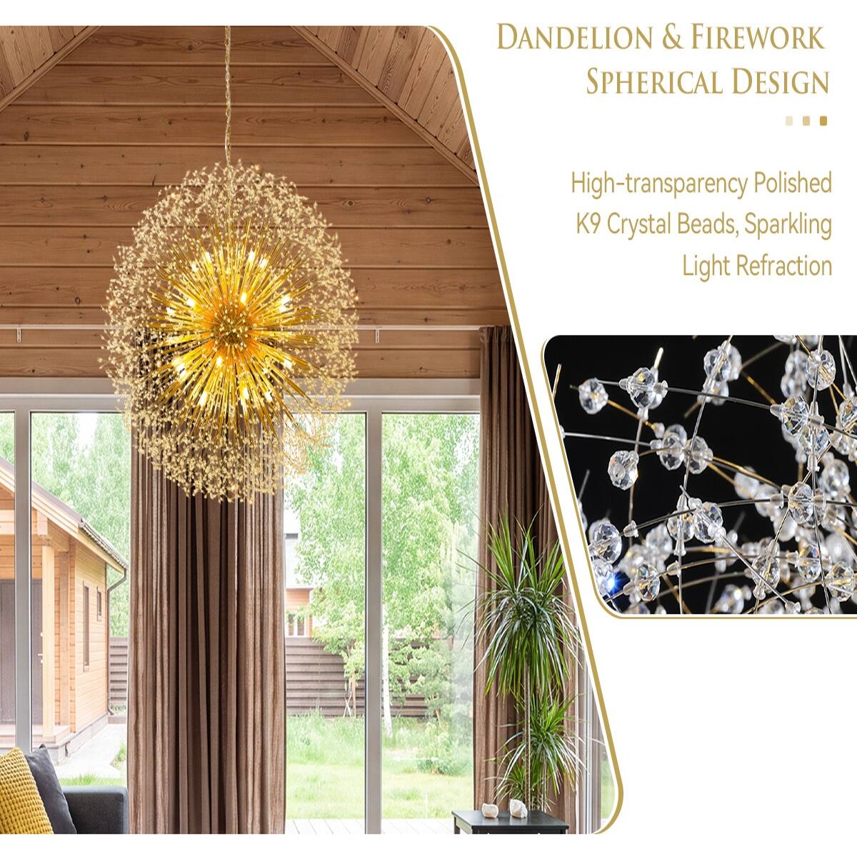 Loheer 48 Inch Crystal Chandelier Gold Modern Firework Sputnik Light ...
