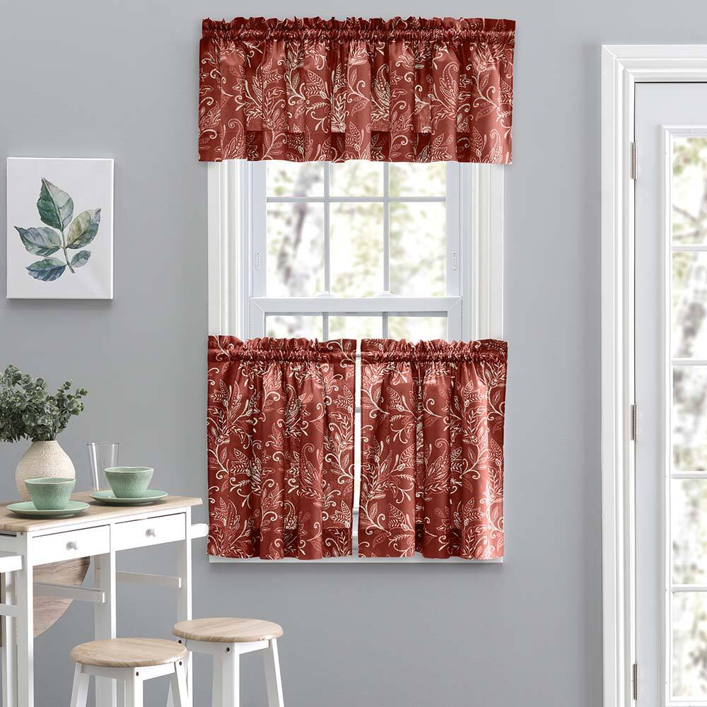Angle. Ellis Curtain - Ellis Curtain Lexington Leaf Pattern on Colored Ground Curtain Tiers 56"x36" Brick - Brick.