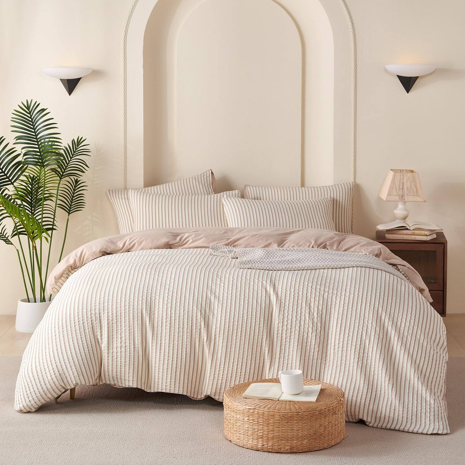 Left. Cedar Assembly - Comforter Queen Set Striped Soft Luxury Washed Microfiber Jacquard 3 Pieces Bedding Vertical Ticking Stripes - Blue Striped-King.