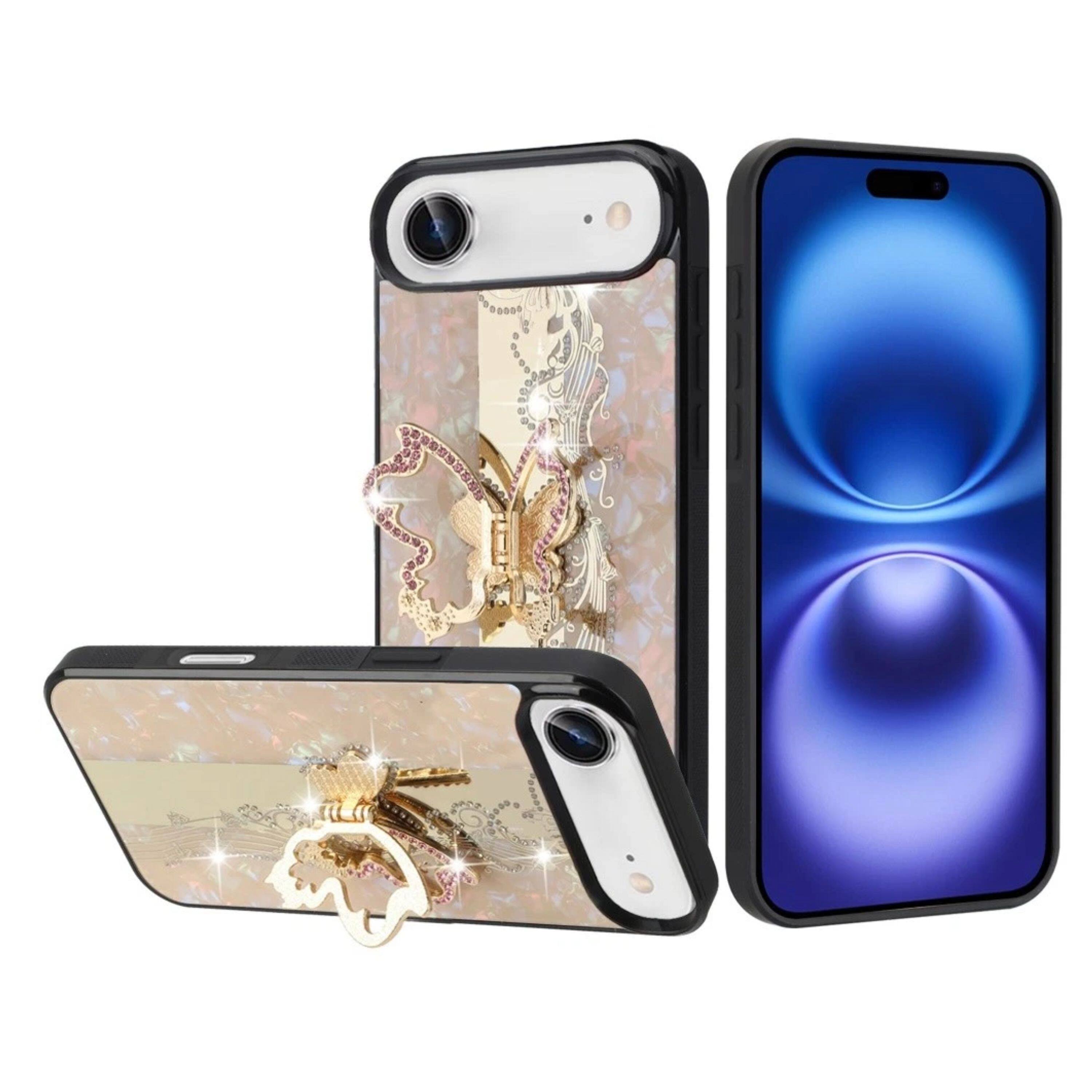Angle. Kitcheniva - Enchanted Butterfly Design Rhinestone Glitter Phone Case With Tempered Glass For iPhone Air Gold - Gold.