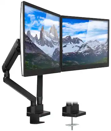 Front. Mount-It! - Dual Monitor Desk Mount — Full Motion Arms, Height Adjustable, Fits Two 17"–32" Displays - Black.