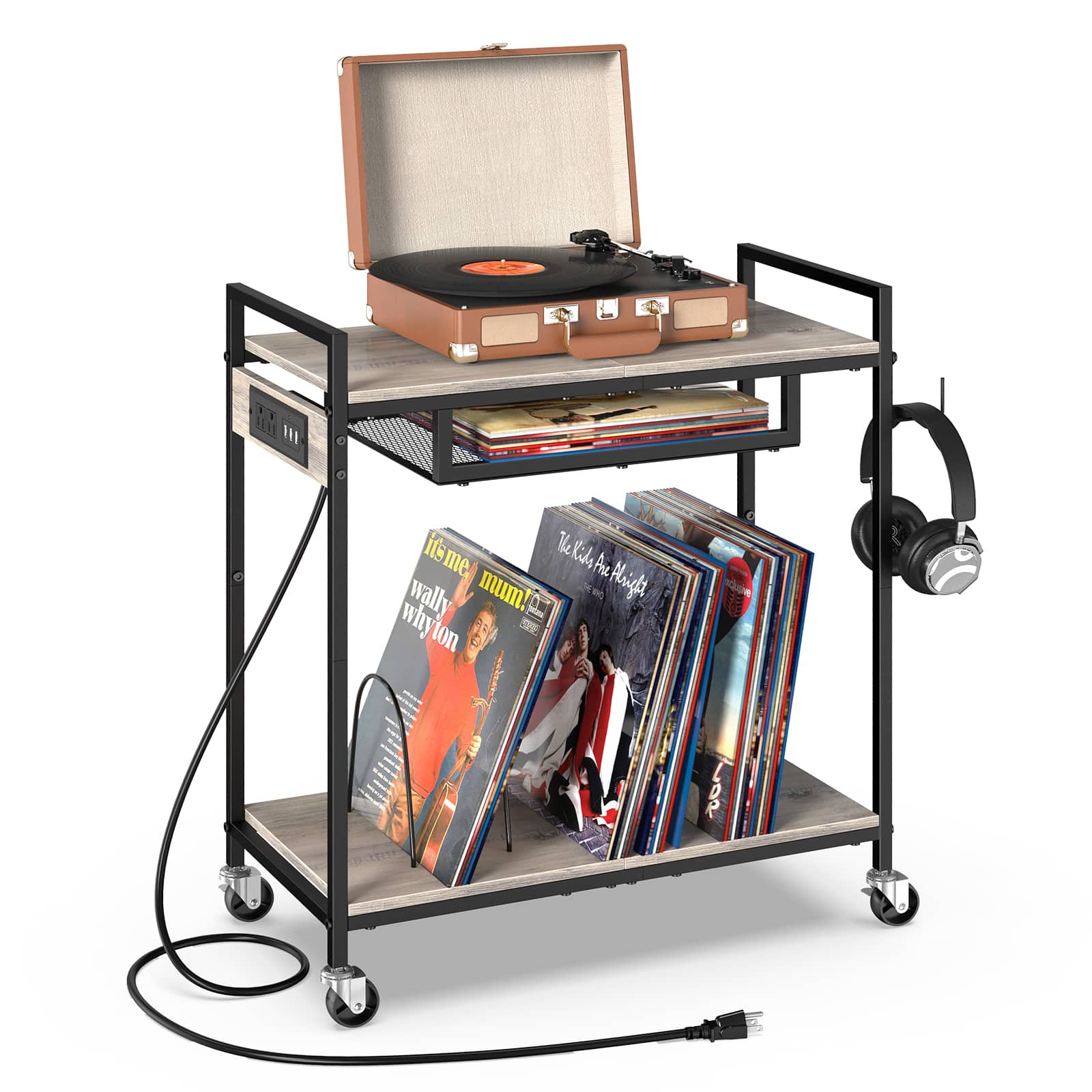 Oumilen - Mobile Turntable Stand with Charging Station & Vinyl Storage - Gray