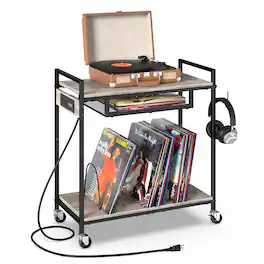 Oumilen - Mobile Turntable Stand with Charging Station & Vinyl Storage - Gray