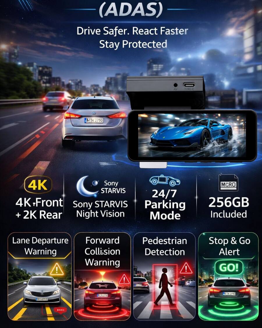 (ADAS) Drive Safer. React Faster. Stay Protected

- 4K Front + 2K Rear
- Sony STARVIS Night Vision
- 24/7 Parking Mode
- 256GB Included
- Lane Departure Warning
- Forward Collision Warning
- Pedestrian Detection
- Stop & Go Alert