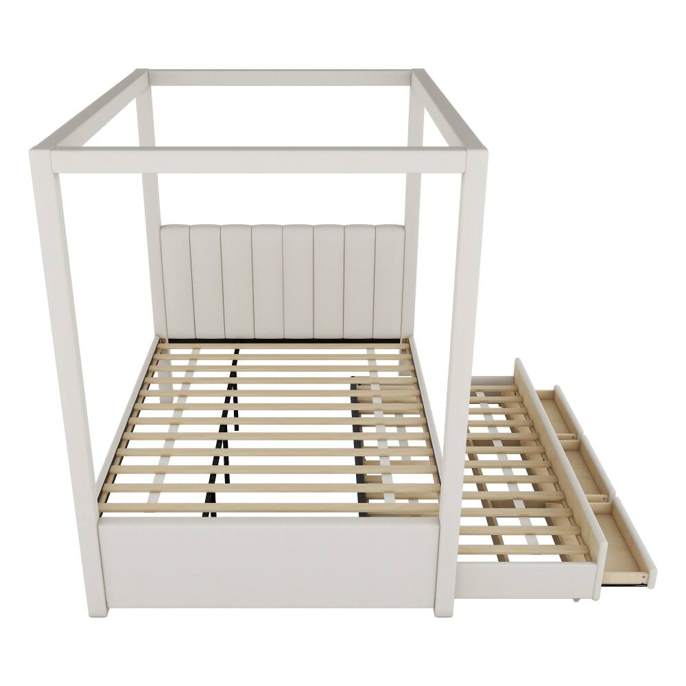 Alt View 9. Loheer - Loheer Full Size Canopy Bed Upholstered Platform Bed with Trundle and 3 Storage Drawers Beige Pine Wood Bed Frame - Beige.