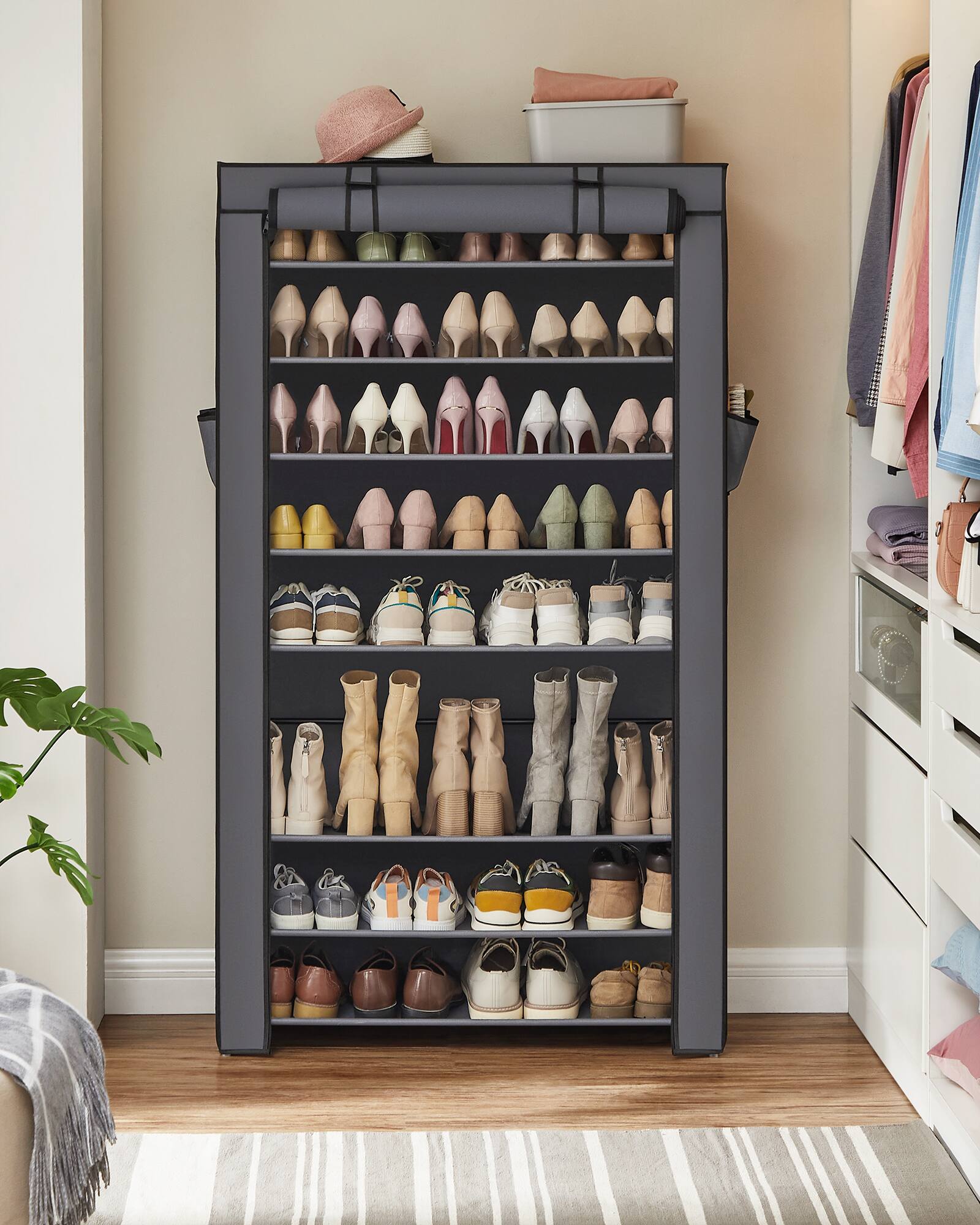 Left. Songmics Home - 10-Tier Shoe Rack, Shoe Storage Organizer Cabinet with Dustproof Cover, Free-Standing, for Closet, Entryway - Gray.
