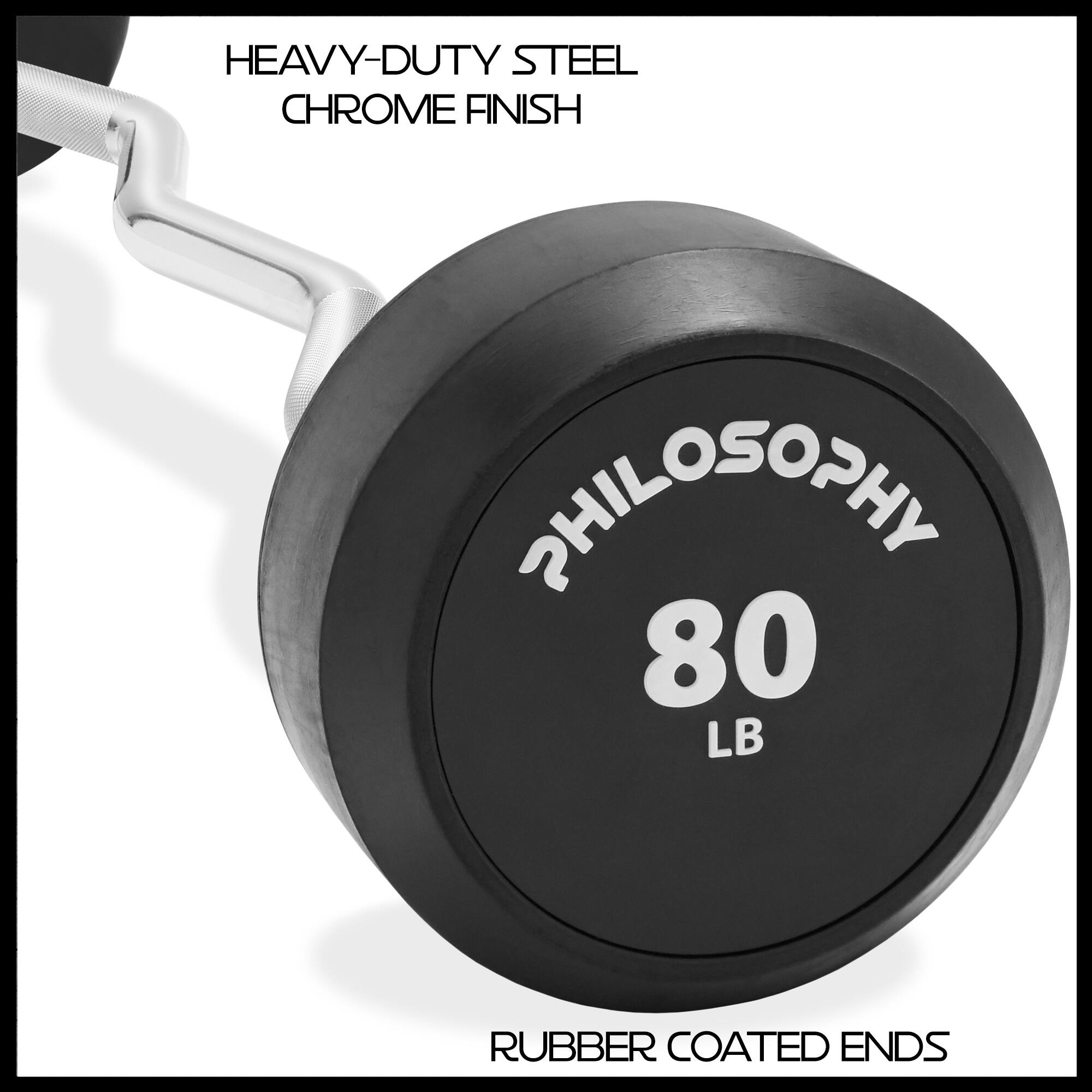 HEAVY-DUTY STEEL  
CHROME FINISH  

PHILOSOPHY  
80 LB  

RUBBER COATED ENDS