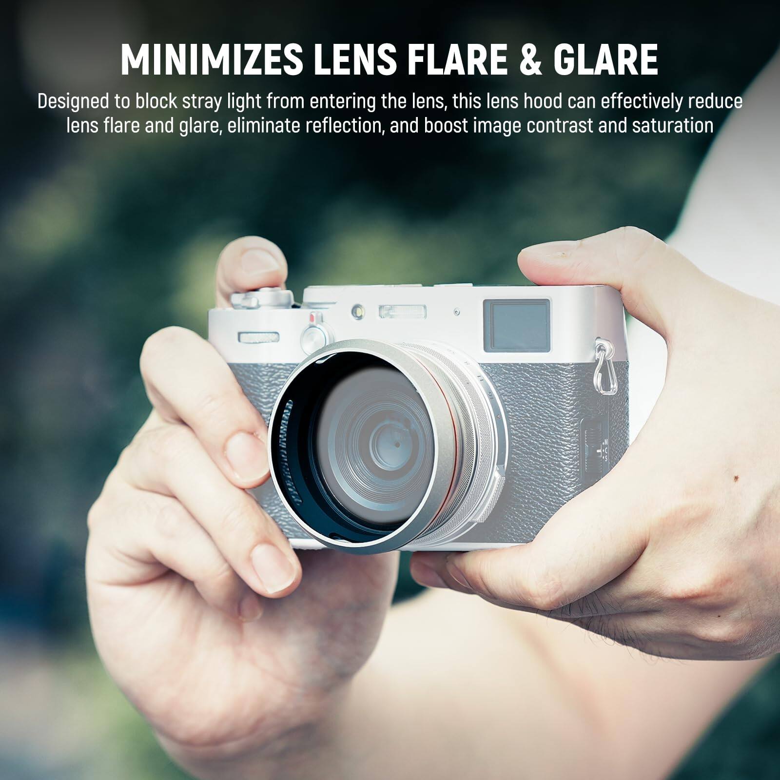 MINIMIZES LENS FLARE & GLARE

Designed to block stray light from entering the lens, this lens hood can effectively reduce lens flare and glare, eliminate reflection, and boost image contrast and saturation