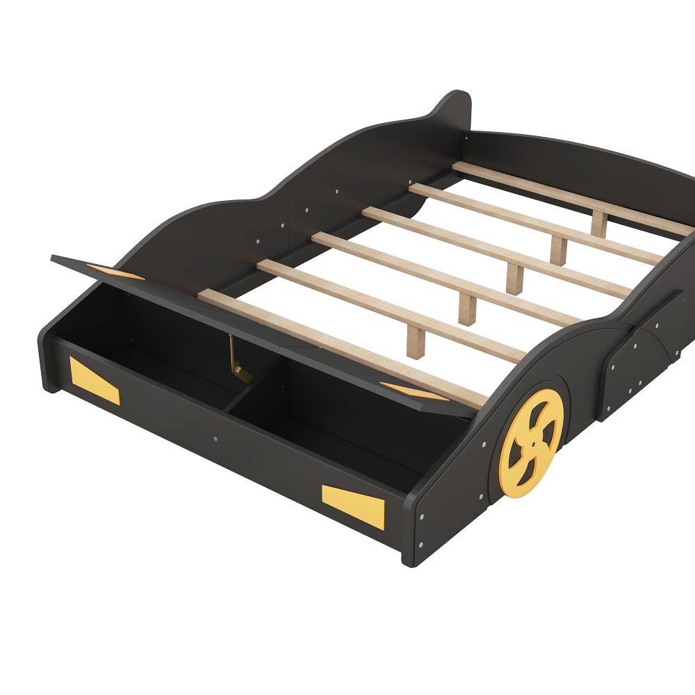 Alt View 8. Loheer - Loheer Full Size Race Car Bed with Storage, Black Yellow Car Shaped Platform Bed - Black+Yellow.