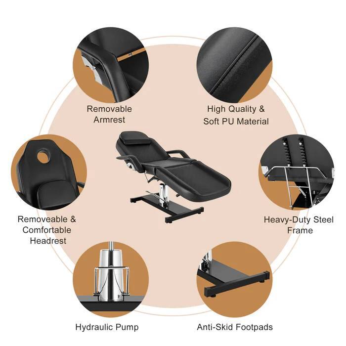 Removable Armrest  
High Quality & Soft PU Material  
Removeable & Comfortable Headrest  
Heavy-Duty Steel Frame  
Hydraulic Pump  
Anti-Skid Footpads