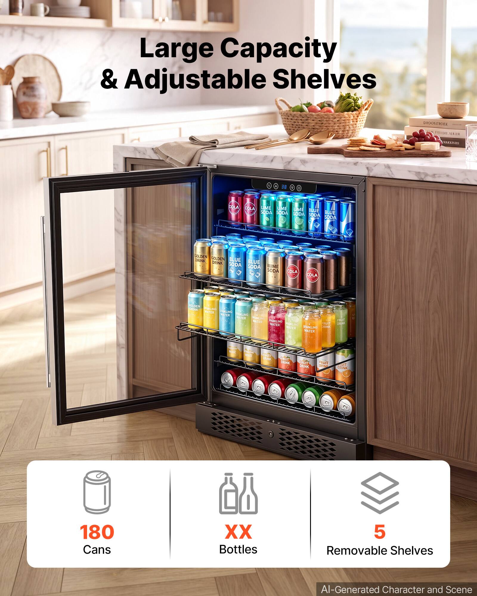 Large Capacity & Adjustable Shelves

DROOSTORE AMELYFA VIRJER

SUMAINER
38

OQILA COLA UME LIME LIME BLUE SODA SODA SODA BLUE SODA SODA
GOLDEN GOLDEN DRINK BLUE BLUE DRINK SODA SODA BUME SODA
COLA
COLA
OLDEN TRINK PARKING NICIA POLIXIA GOLDO.DA MATER POLINO MATER VOCIO NIXTROL VALINE ACIDAS WATER MARKLING DRINK STAR WATER
raur DEM
Noval
MING NATE FBOT DRINK TWIT DRINK RUM DRINK
ALUST
CHINK

180 Cans
XX Bottles
5 Removable Shelves

AI-Generated Character and Scene