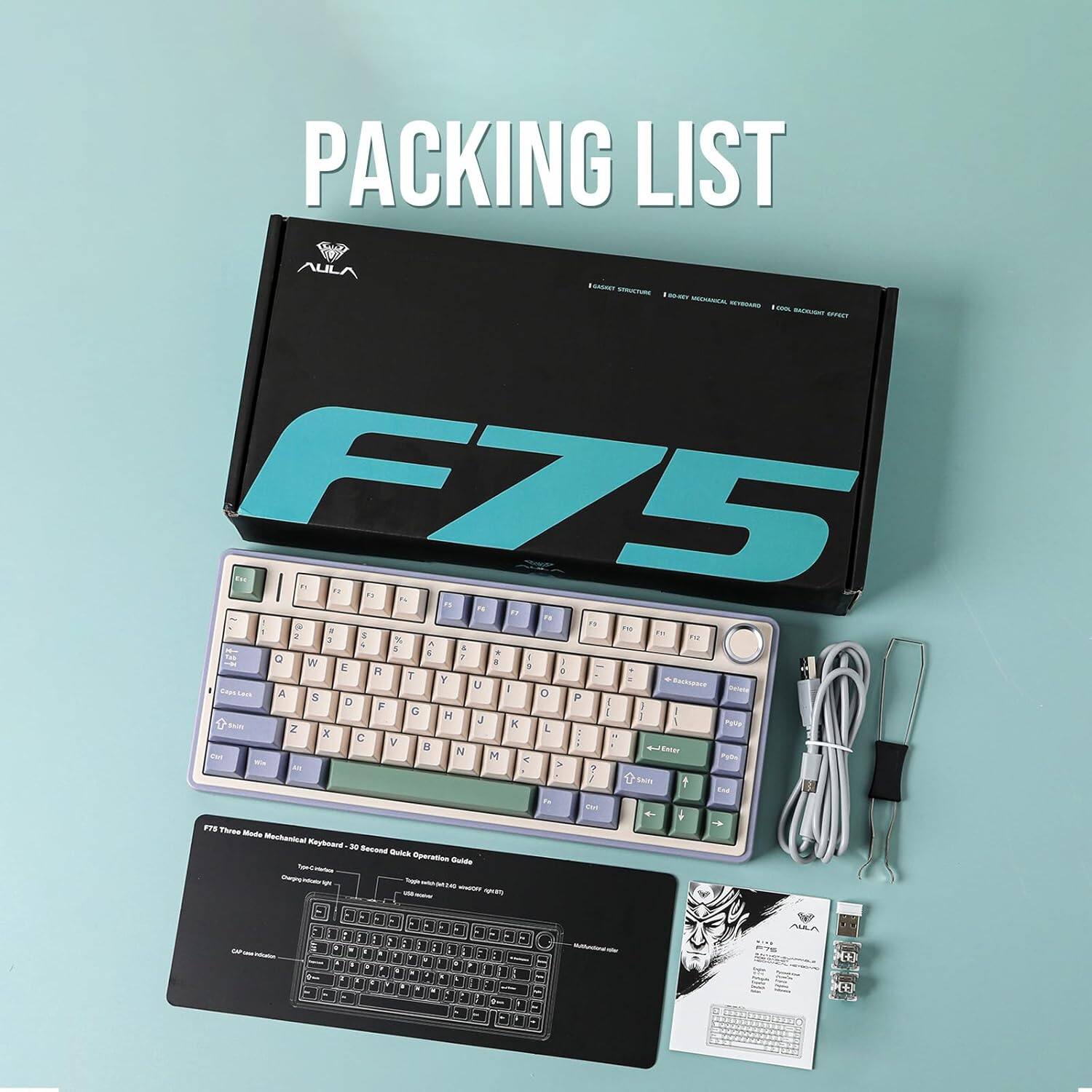 Packing List:

- AULA FAAr - T
- F75
- F75 Three Mode Mechanical Keyboard - 20 Second Quick Operation Guide
- USB Cable
- Quick Start Guide
- Mounting Screws