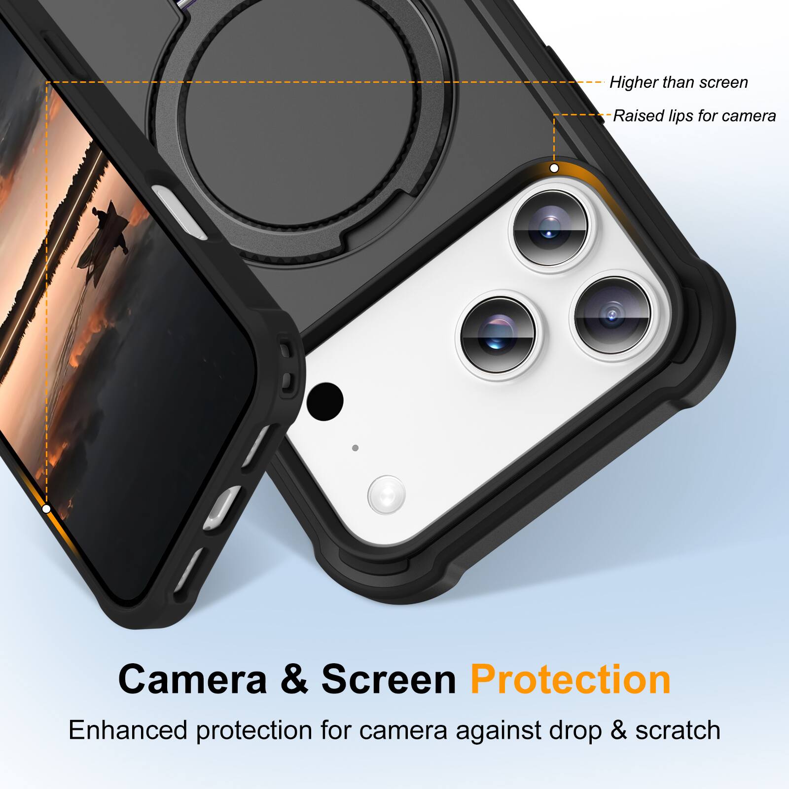 Higher than screen  
Raised lips for camera  
Camera & Screen Protection  
Enhanced protection for camera against drop & scratch