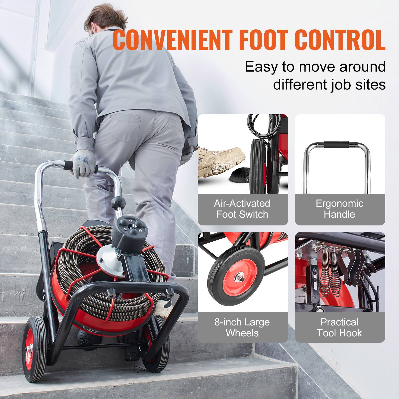 CONVENIENT FOOT CONTROL
Easy to move around different job sites
Air-Activated Foot Switch
Ergonomic Handle
8-inch Large Wheels
Practical Tool Hook
