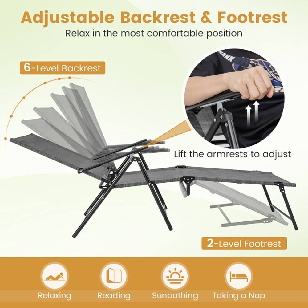 Adjustable Backrest & Footrest  
Relax in the most comfortable position  

6-Level Backrest  
Lift the armrests to adjust  

2-Level Footrest  

Relaxing  
Reading  
Sunbathing  
Taking a Nap