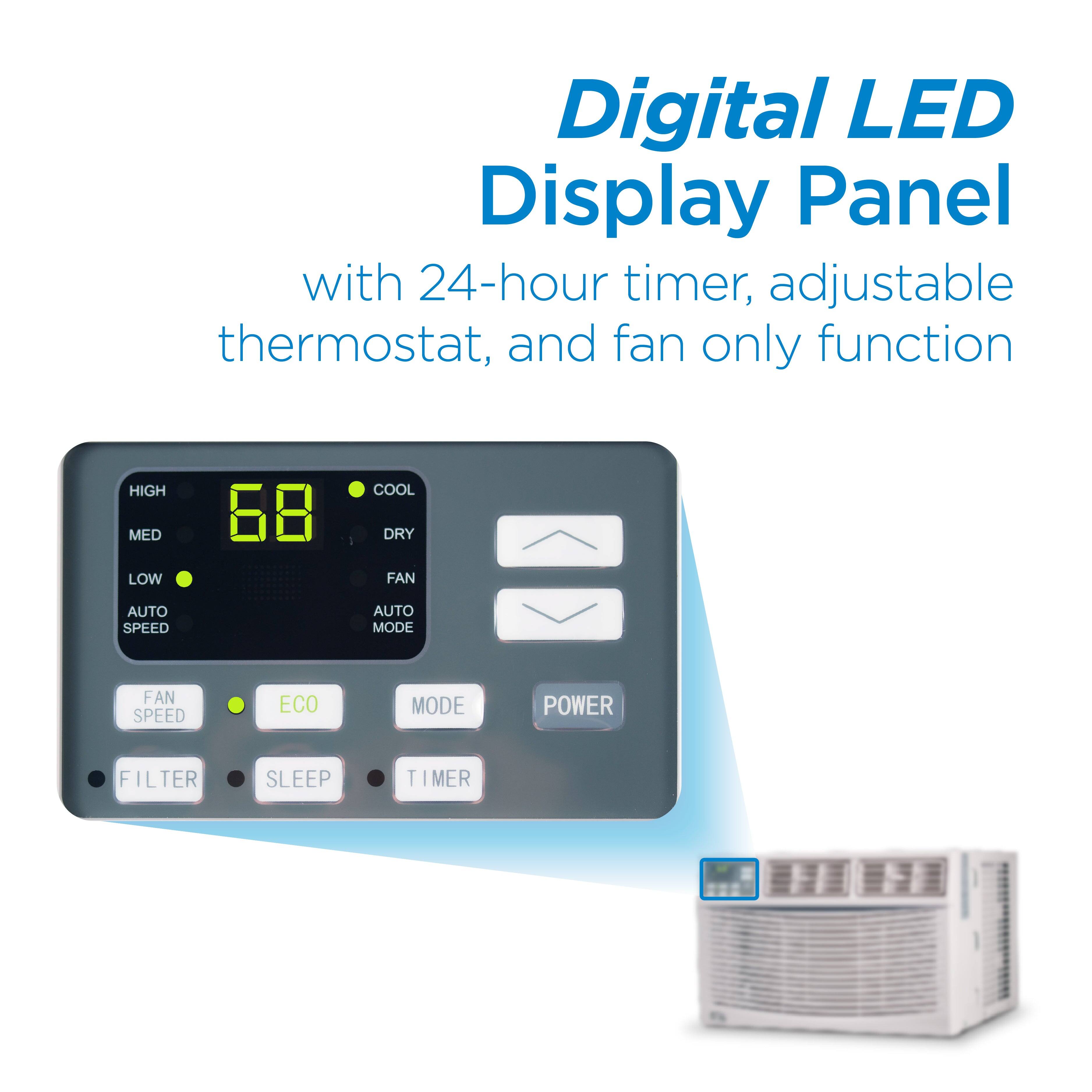 Digital LED Display Panel with 24-hour timer, adjustable thermostat, and fan only function HIGH MED LOW 68 COOL DRY FAN AUTO SPEED AUTO MODE FAN SPEED ECO MODE POWER FILTER SLEEP TIMER