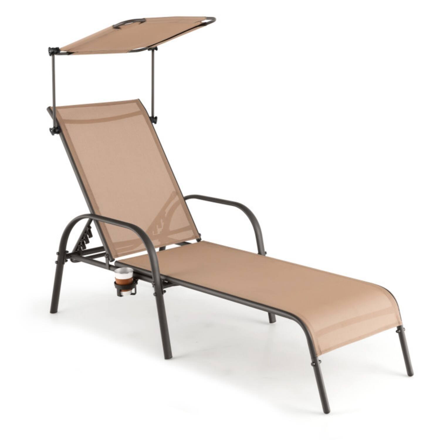 Alt View 3. Mondawe - Patio Heavy-Duty Chaise Lounge Chair w 5-Level Backrest & Rotatable Canopy Cup Holder - Brown.