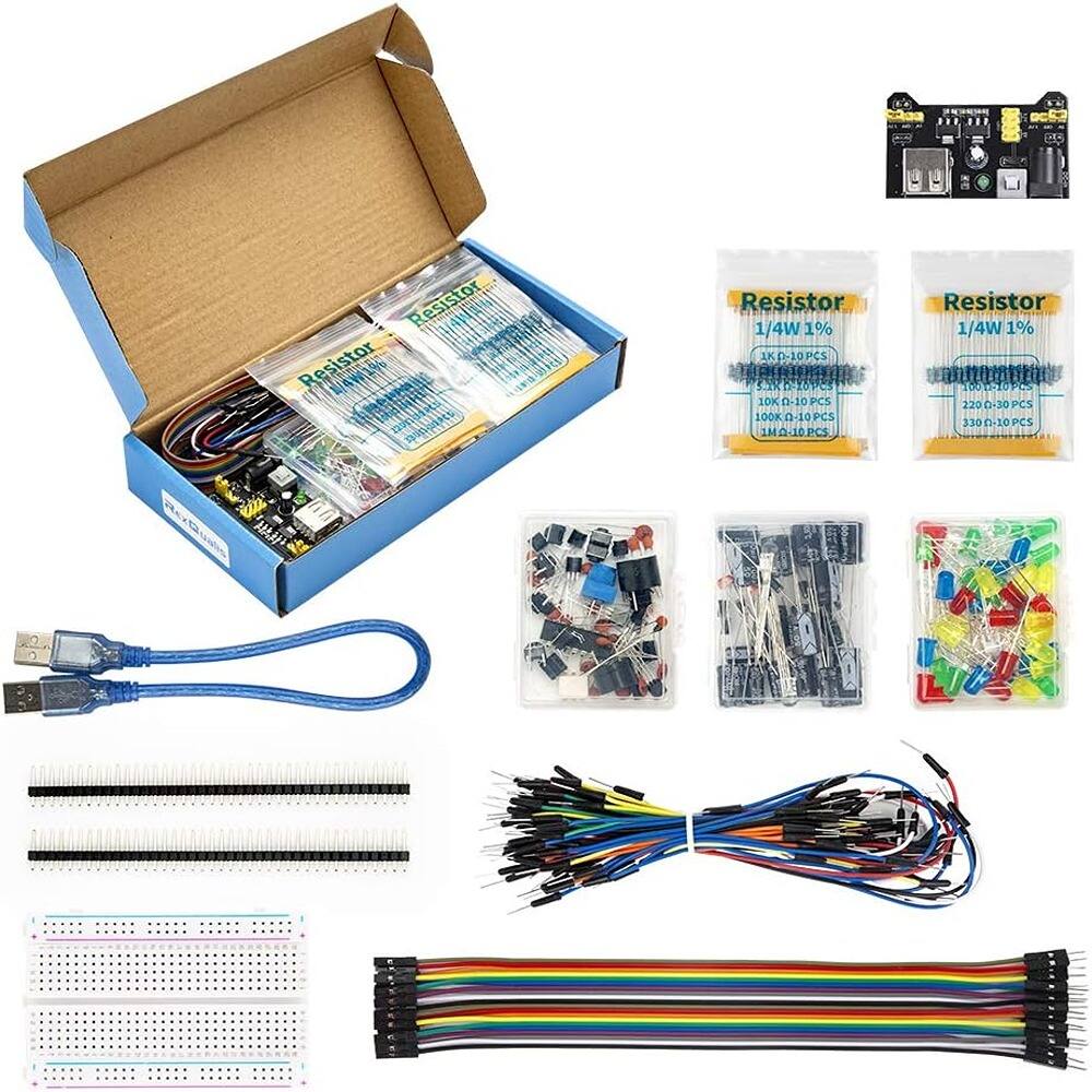 Resistor 1/4W 1%  
1K - 10PCS  
10K - 10PCS  
100K - 10PCS  
1M - 10PCS  

Resistor 1/4W 1%  
100 - 10PCS  
220 - 10PCS  
330 - 10PCS  
104 - 10PCS  

Resistor 1/4W 1%  
1K - 10PCS  
10K - 10PCS  
100K - 10PCS  
1M - 10PCS  

USB Cable  
Breadboard  
Jumper Wires  
LEDs  
Buttons  
Potentiometers  
Transistors  
Capacitors  
Diodes  
Integrated Circuits  
Connecting Headers  
Terminal Blocks  
Relays  
Switches  
Resistors (various values)