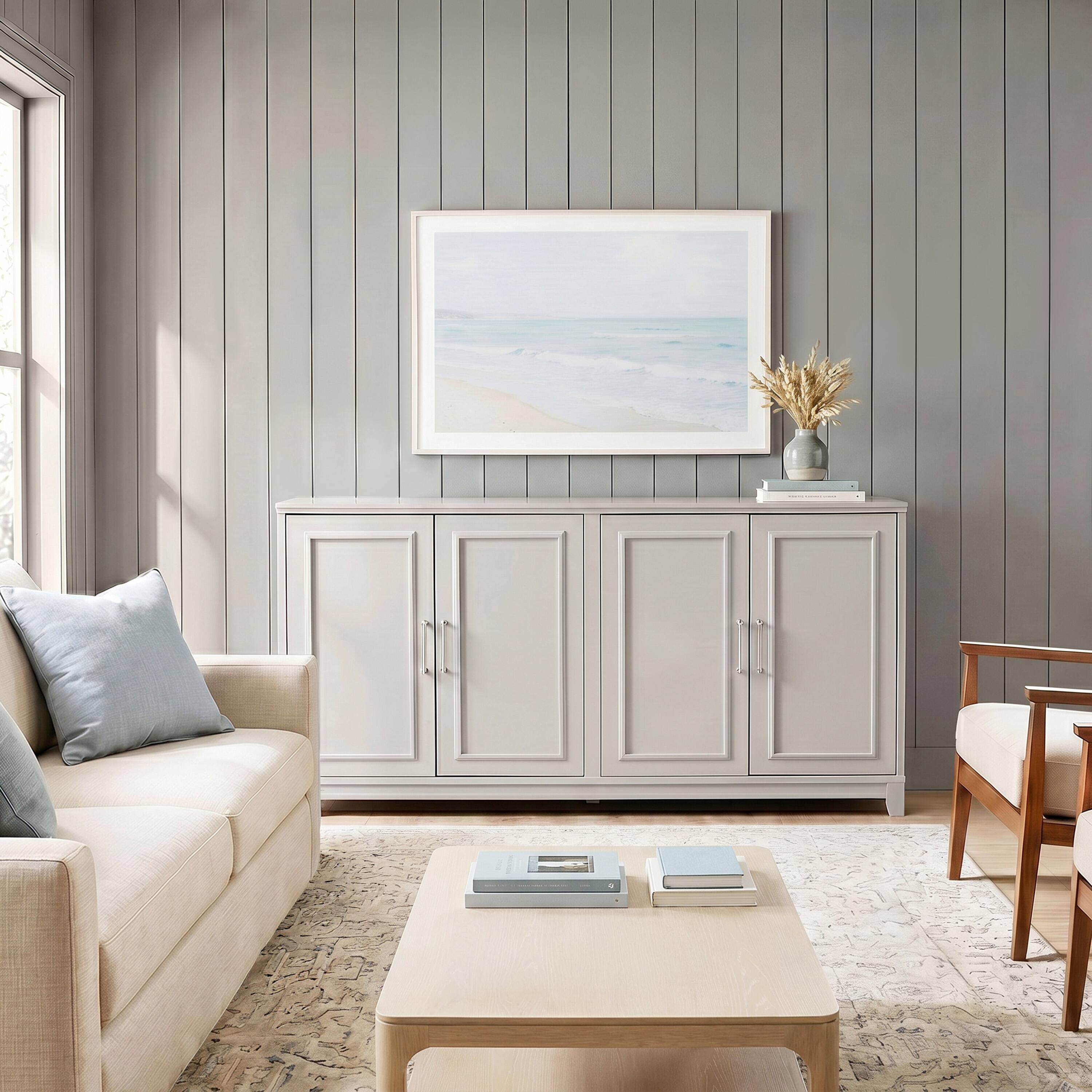 Alt View 5. Martha Stewart - Wooden TV Stand-Adjustable Shelves-Solid Wood Frame/Legs - Sharkey Gray/Brushed Stainless Steel Hardware.